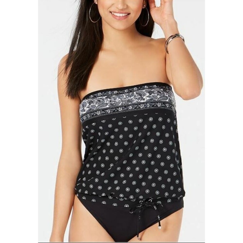 Black Floral Swim Bathing Suit Michael Kors Blouson Bandeau Tankini M